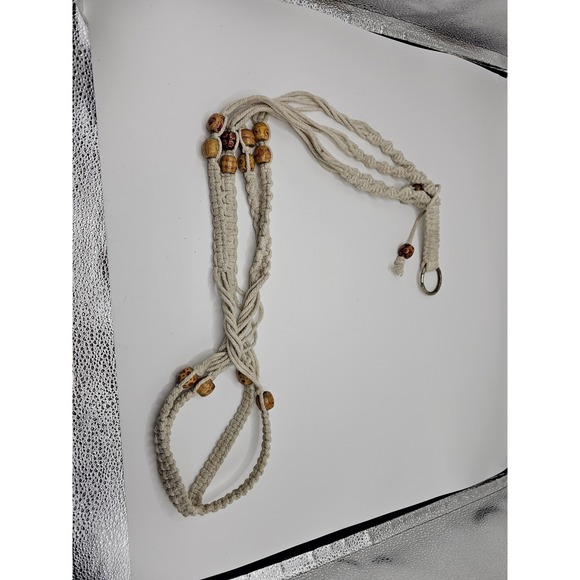 Other - Vintage Macrame Plant Hanger Boho Cream Cotton Rope Wood Beads 35 Inch Indoor